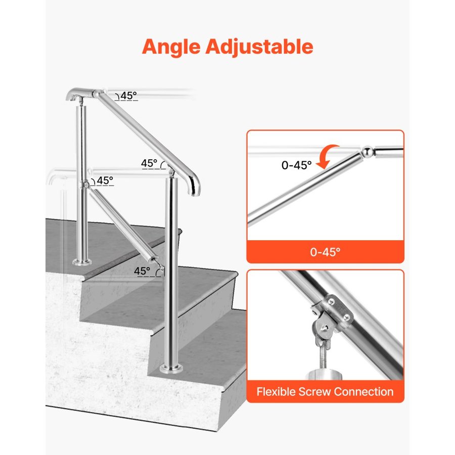 VEVOR 3 Step Railing Stainless Steel Transitional Handrail fit for Level Surface and 1 to 3 Steps Adjustable Stair Railing Indoor Outdoor Step Railings 99.8 kg Capacity W/ Installation Kit Porch DIY