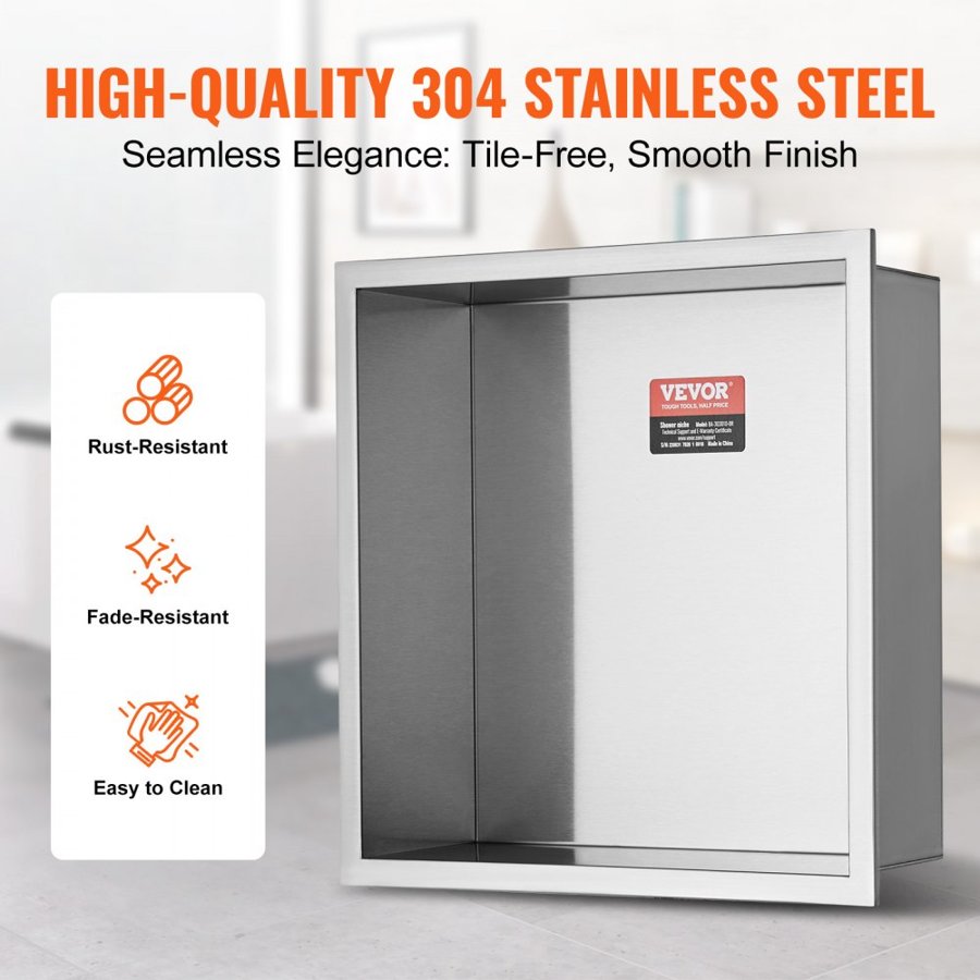 VEVOR 33.02 x 33.02 cm No Tile Shower Niche 304 Stainless Steel, Wall-Inserted Niche Recessed Double Shelves, Sealed Waterproof Rust-Resistant Modern Niche for Shower Bathroom Soap Storage, Silver