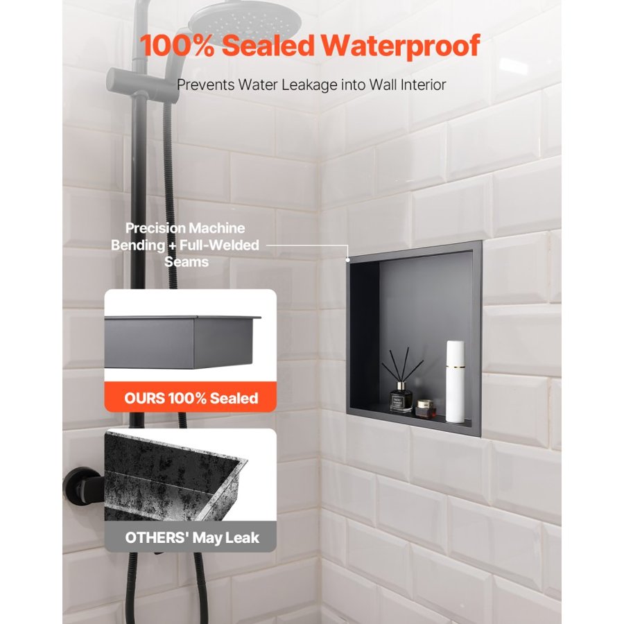 VEVOR Shower Niche, 33.0 x 33.0 x 10.2 cm Recessed Wall Niche, Heavy-duty Stainless Steel Modern Soap & Shampoo Storage Organizer, Sealed Waterproof, Durable & Easy to Install, Black for Bathroom