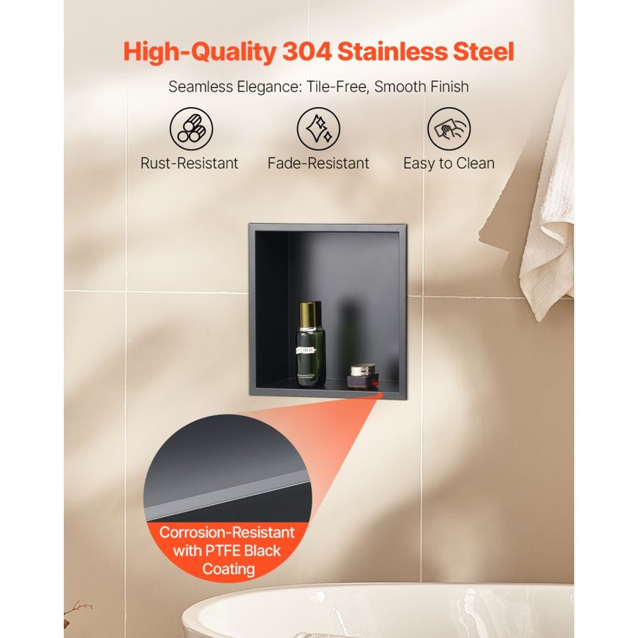 VEVOR Shower Niche, 33.0 x 33.0 x 10.2 cm Recessed Wall Niche, Heavy-duty Stainless Steel Modern Soap & Shampoo Storage Organizer, Sealed Waterproof, Durable & Easy to Install, Black for Bathroom