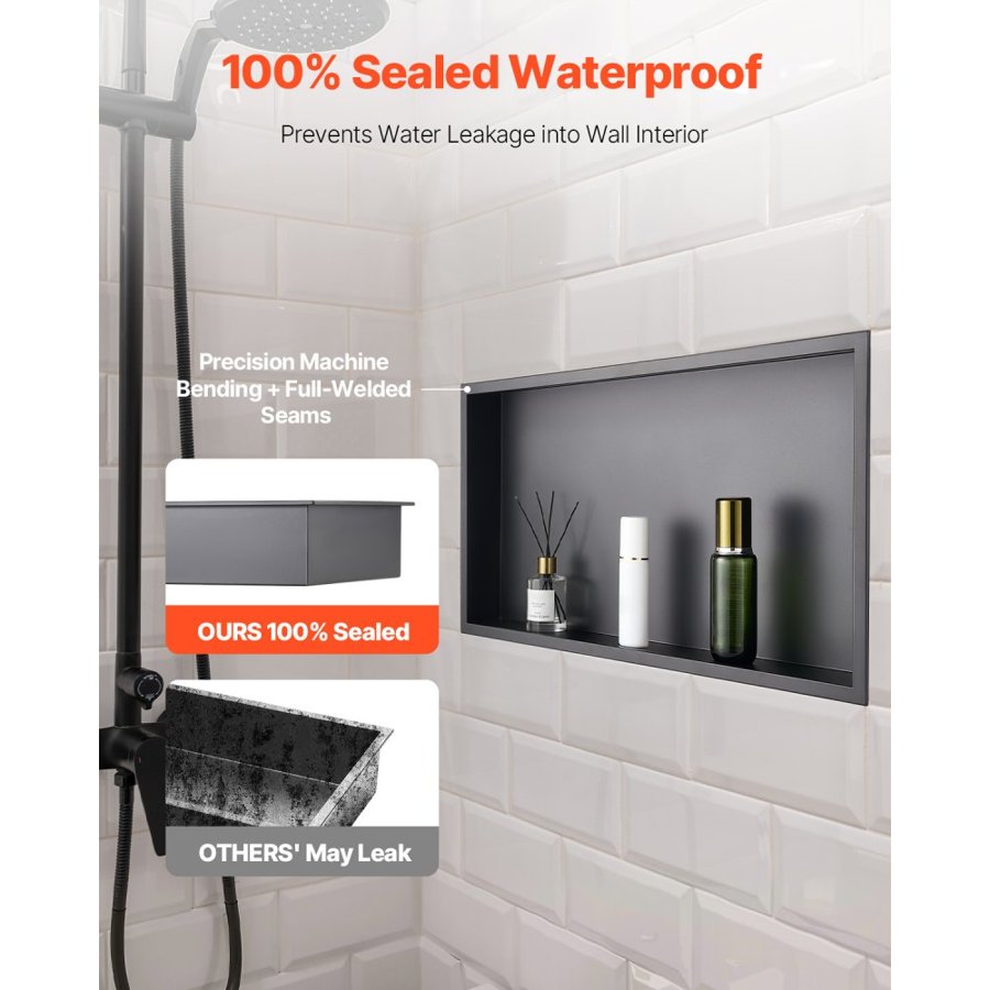 VEVOR Shower Niche, 33.0 x 63.5 x 10.2 cm Recessed Wall Niche, Heavy-duty Stainless Steel Modern Soap & Shampoo Storage Organizer, Sealed Waterproof, Durable & Easy to Install, Black for Bathroom