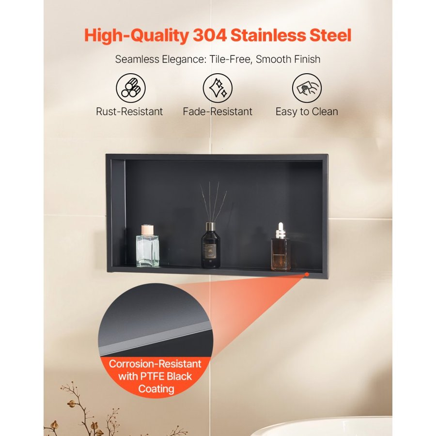VEVOR Shower Niche, 33.0 x 63.5 x 10.2 cm Recessed Wall Niche, Heavy-duty Stainless Steel Modern Soap & Shampoo Storage Organizer, Sealed Waterproof, Durable & Easy to Install, Black for Bathroom