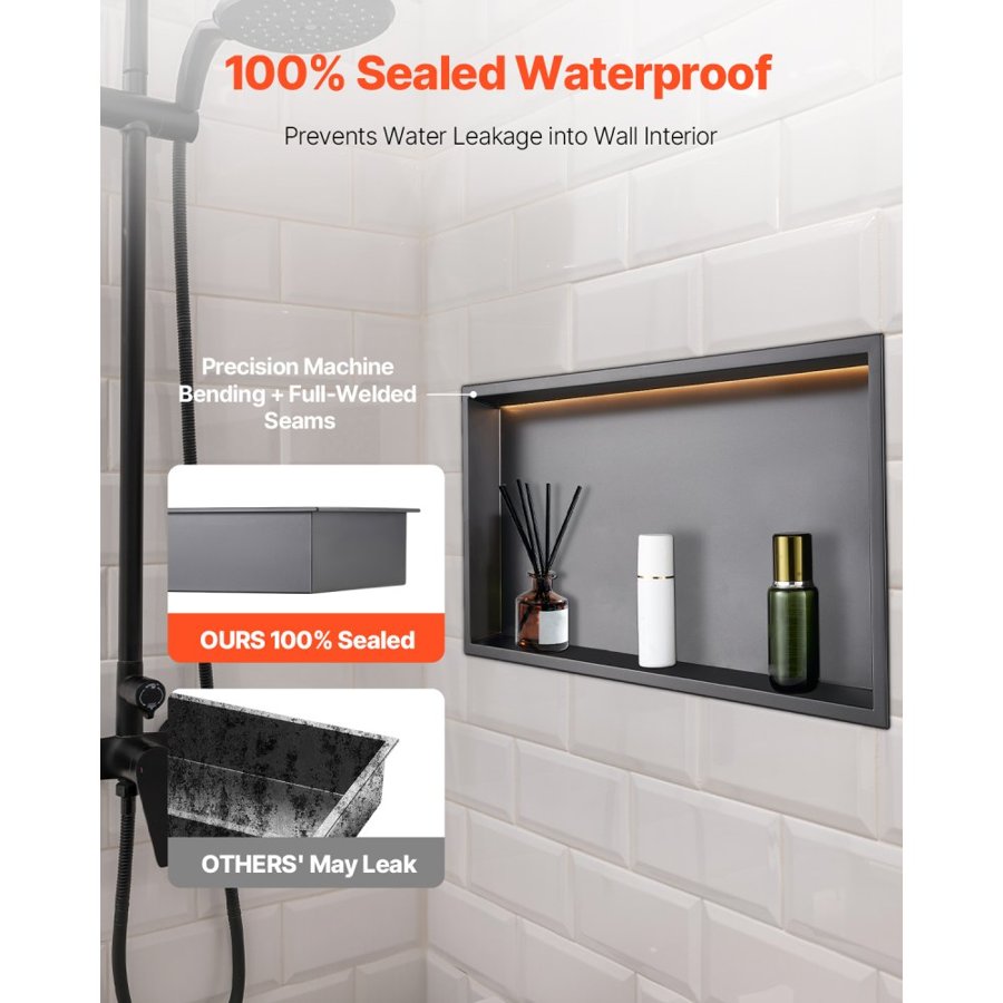 VEVOR Shower Niche, 33.0 x 63.5 x 10.2 cm Recessed Wall Niche With LED Strip, Heavy-duty Stainless Steel Modern Shampoo Storage Organizer, Sealed Waterproof, Easy to Install, Black for Bathroom