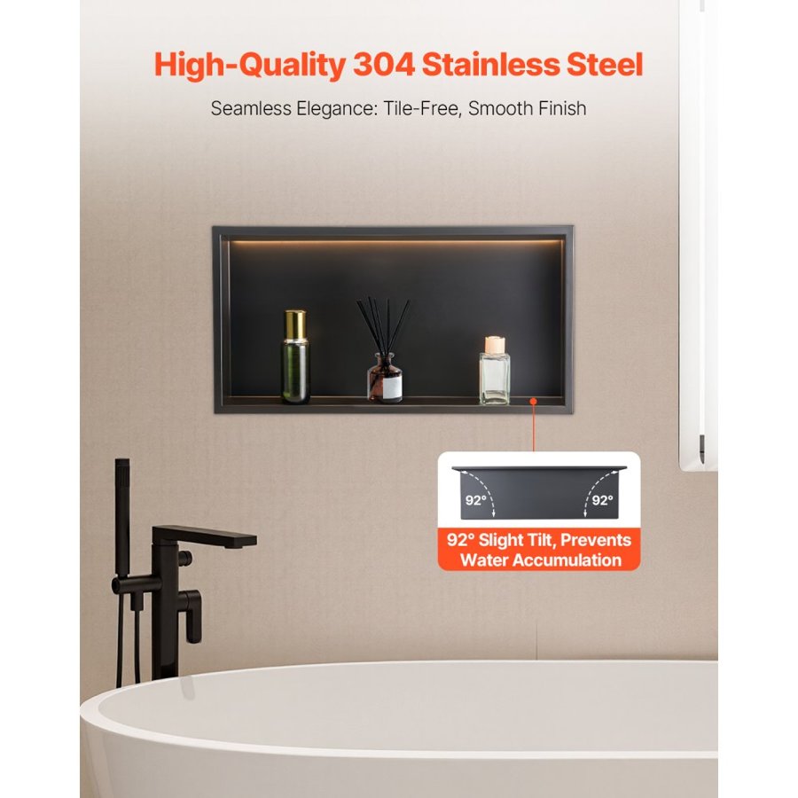 VEVOR Shower Niche, 33.0 x 63.5 x 10.2 cm Recessed Wall Niche With LED Strip, Heavy-duty Stainless Steel Modern Shampoo Storage Organizer, Sealed Waterproof, Easy to Install, Black for Bathroom