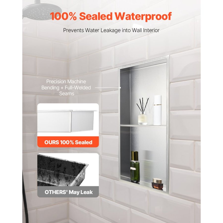 VEVOR Shower Niche, 33.0 x 63.5 x 10.2 cm Recessed Wall Niche Double-layer, with Hollowed-out Divider, Heavy-duty Stainless Steel Modern Shampoo Storage Organizer, Waterproof, Silver for Bathroom