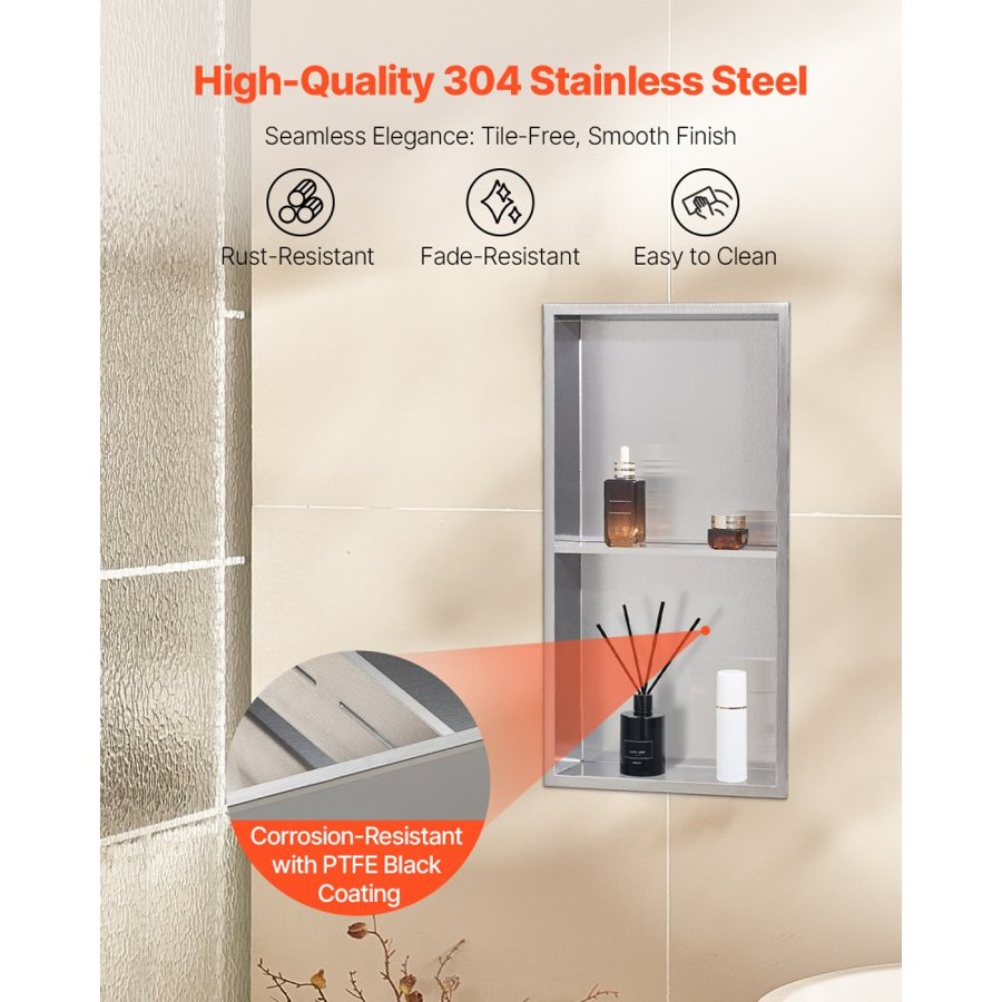 VEVOR Shower Niche, 33.0 x 63.5 x 10.2 cm Recessed Wall Niche Double-layer, with Hollowed-out Divider, Heavy-duty Stainless Steel Modern Shampoo Storage Organizer, Waterproof, Silver for Bathroom