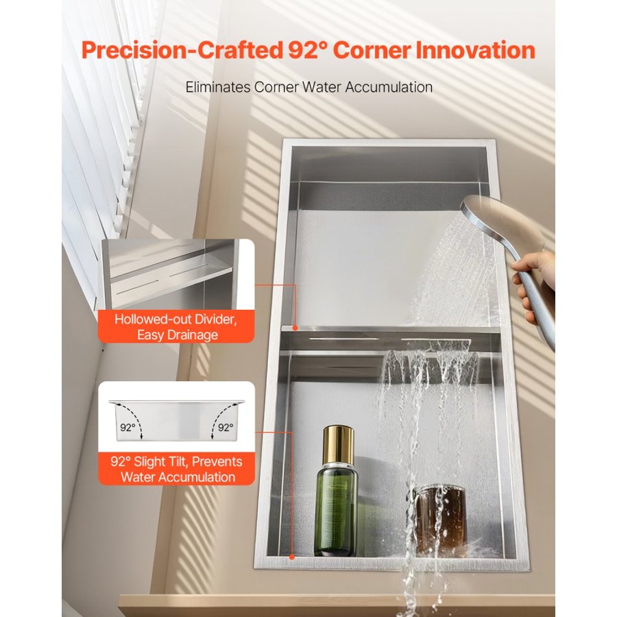 VEVOR Shower Niche, 33.0 x 63.5 x 10.2 cm Recessed Wall Niche Double-layer, with Hollowed-out Divider, Heavy-duty Stainless Steel Modern Shampoo Storage Organizer, Waterproof, Silver for Bathroom
