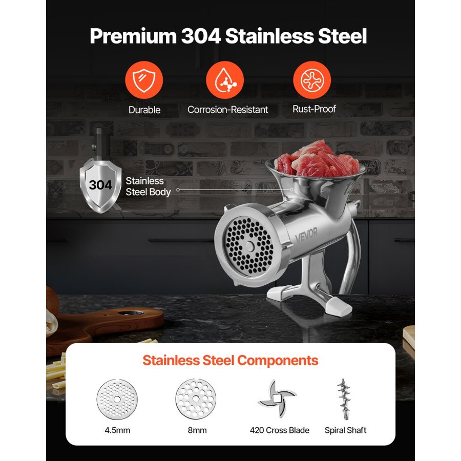 VEVOR Manual Meat Grinder, 304 Stainless Steel Hand Meat Grinder with Steel Table Clamp, Meat Mincer Sausage Maker & 2 Cutting Plates, Cookie Attachment, Sausage Tube for Beef Pepper Mushroom Cookie