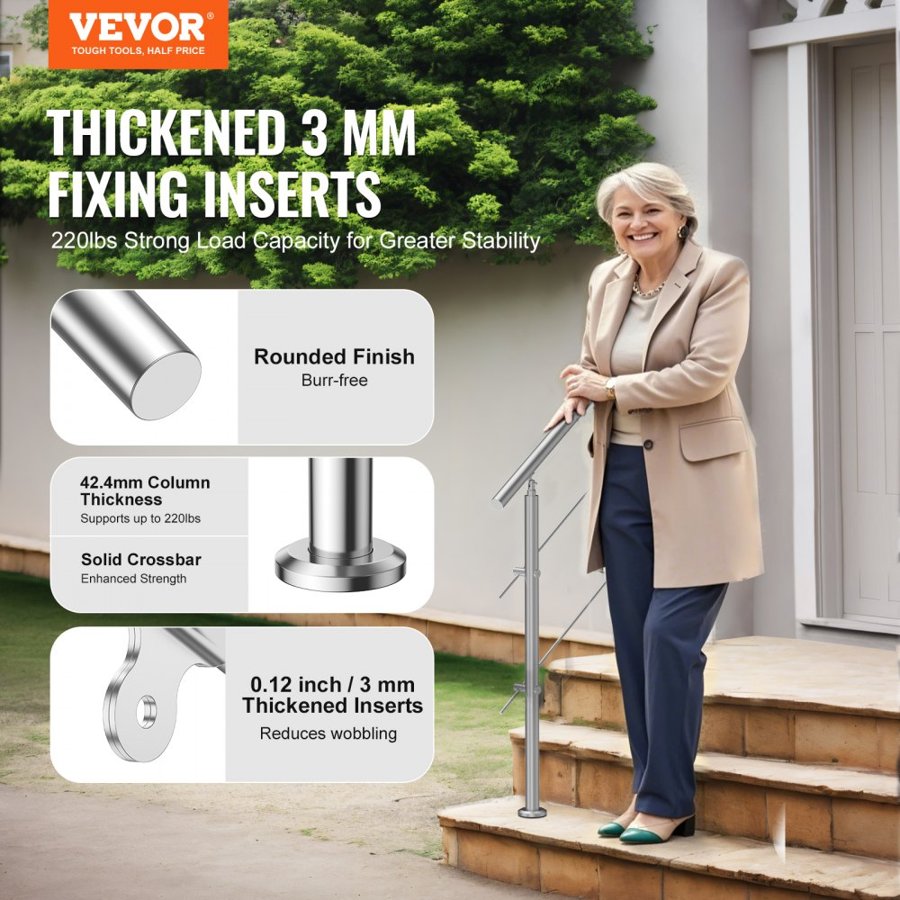 VEVOR Handrail for Front Porch Steps – 39.4", 2 Crossbars