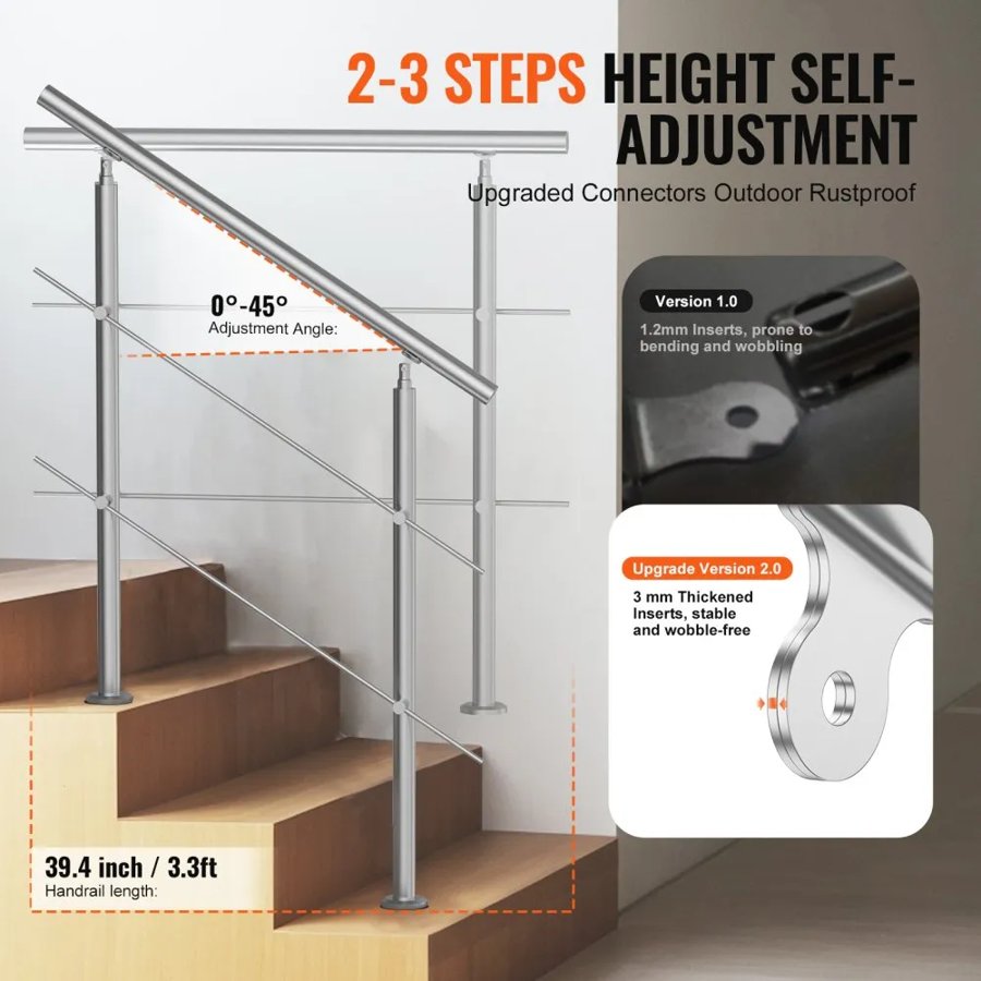 VEVOR Handrail for Front Porch Steps – 39.4", 2 Crossbars