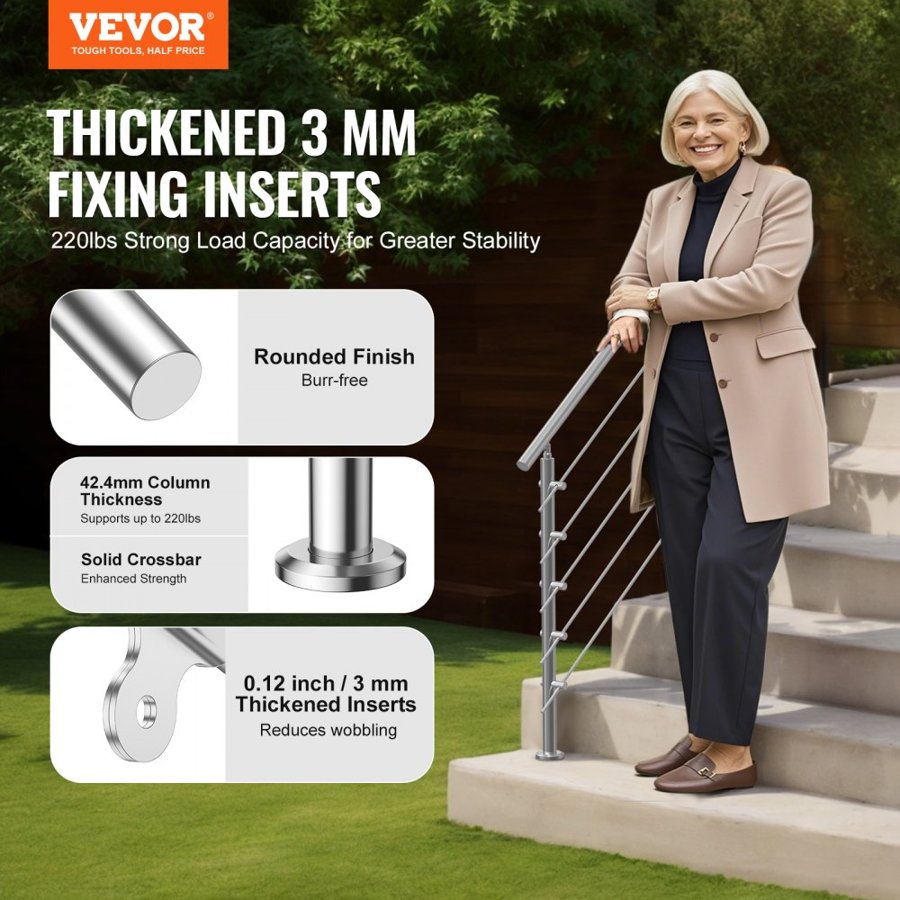 VEVOR Handrail for Decking Steps – 59 in, 5 Crossbars, Steel