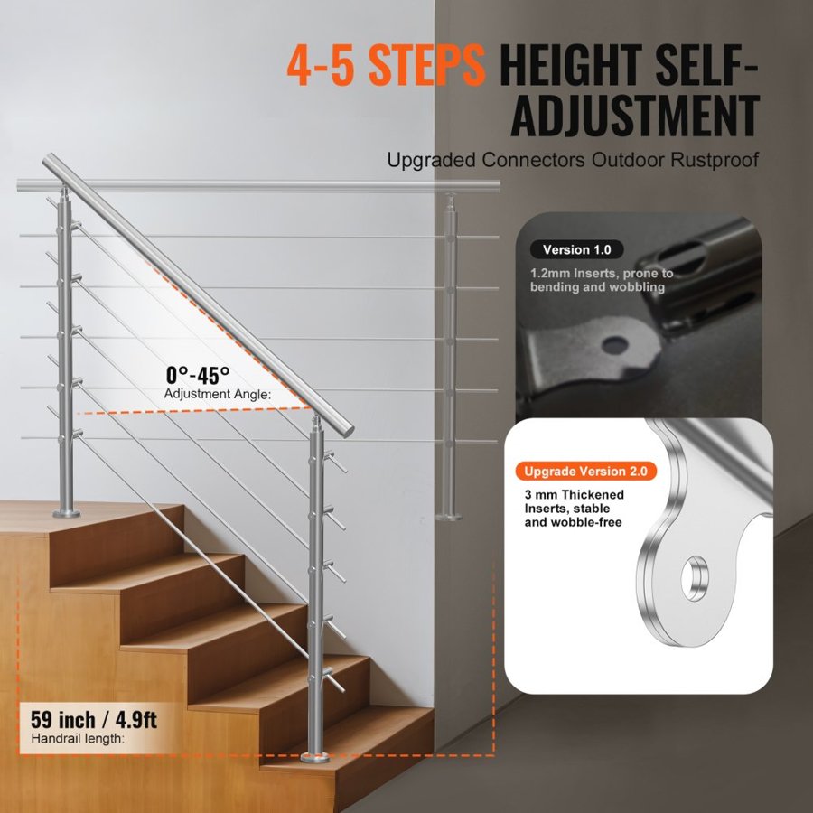 VEVOR Handrail for Decking Steps – 59 in, 5 Crossbars, Steel