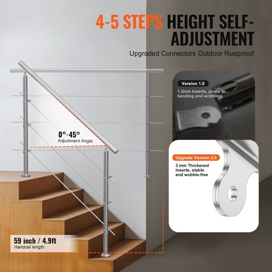 VEVOR Handrail for Outdoor Steps – 59 In, 3 Crossbars