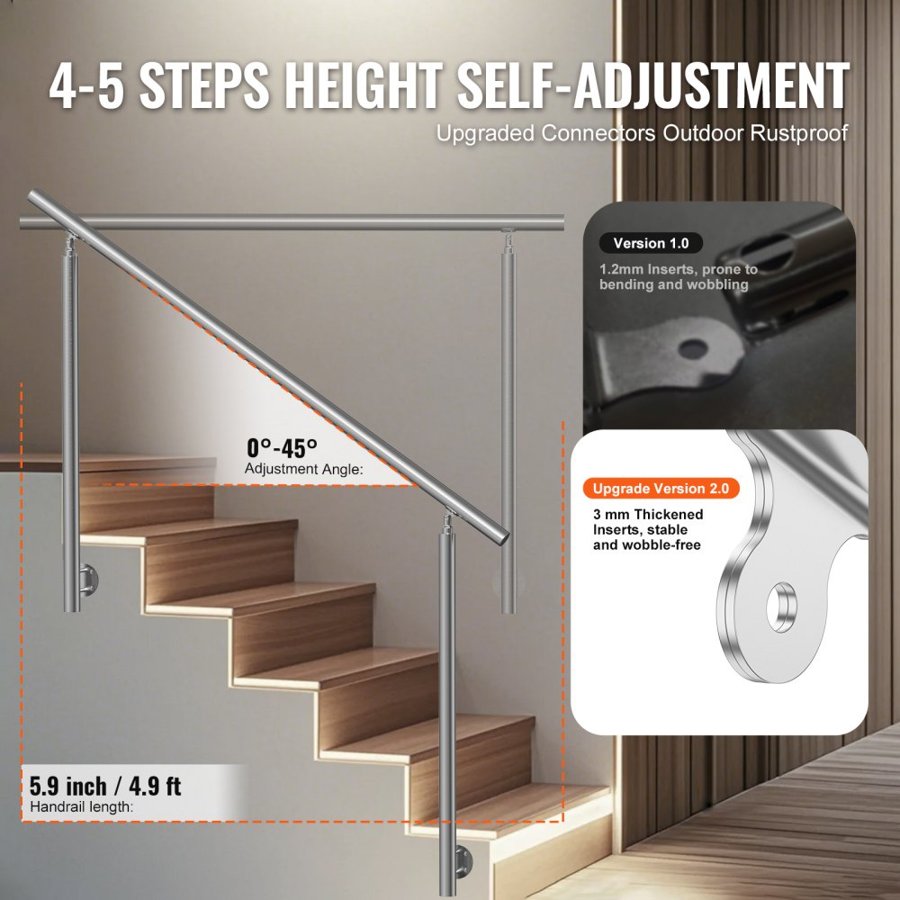 VEVOR Side Mounted Handrail for Outdoor Steps – 59",0-45°