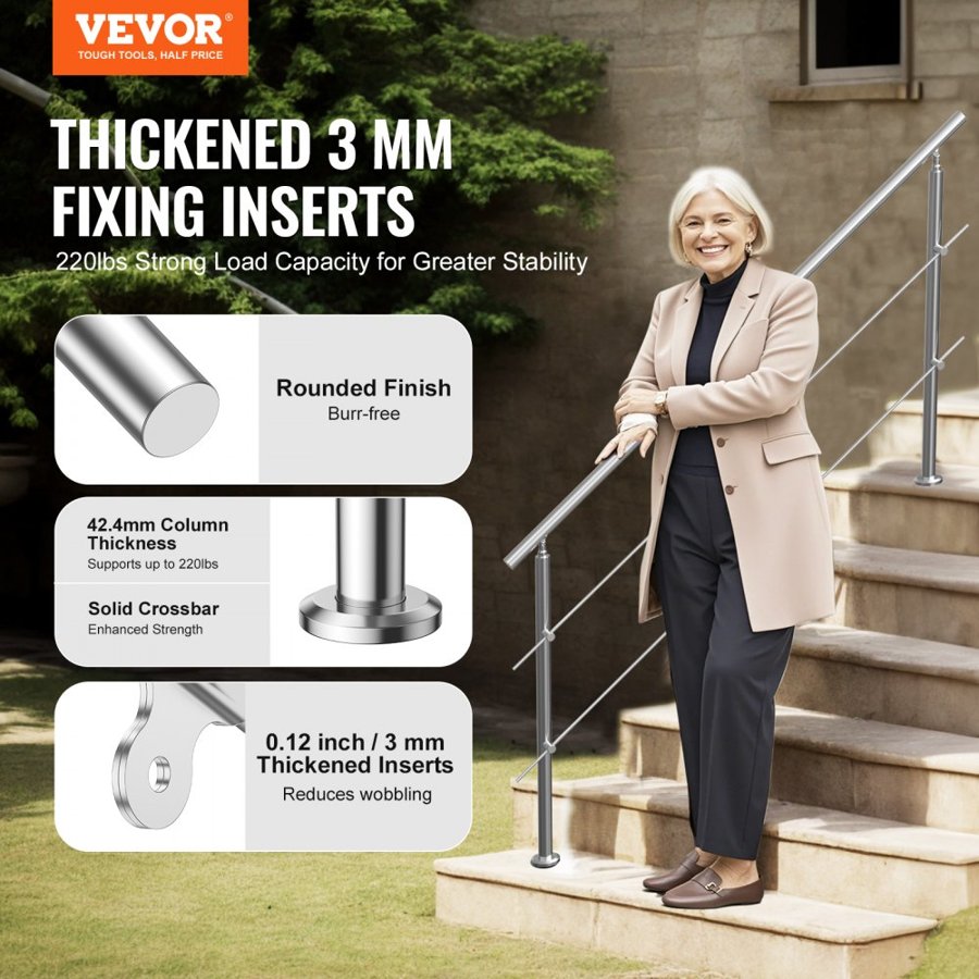 VEVOR Outdoor Staircase Handrail – 5.9 ft, 2 Crossbars