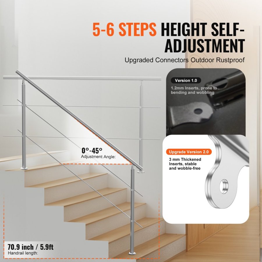 VEVOR Outdoor Staircase Handrail – 5.9 ft, 2 Crossbars