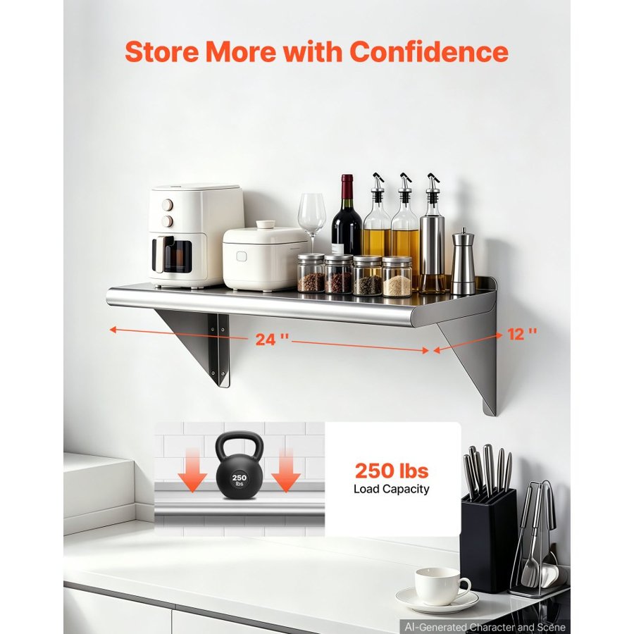 VEVOR Stainless Steel Kitchen Shelf – 305x610mm, 113 kg Load