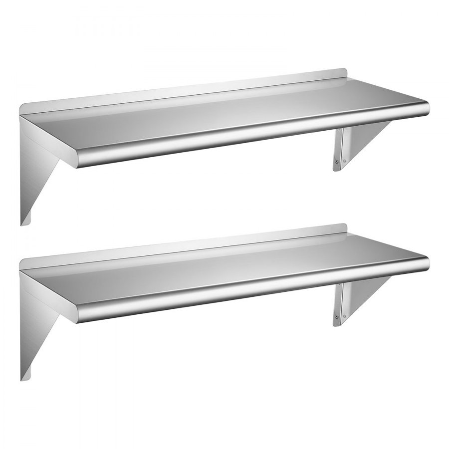 VEVOR Stainless Steel Shelf 305 x 914 mm 2-Pack Wall Mount Floating Shelf, Heavy-Duty Commercial Shelves with Brackets, 136kg Capacity, Easy to Clean for Restaurant, Home Kitchen, Garage