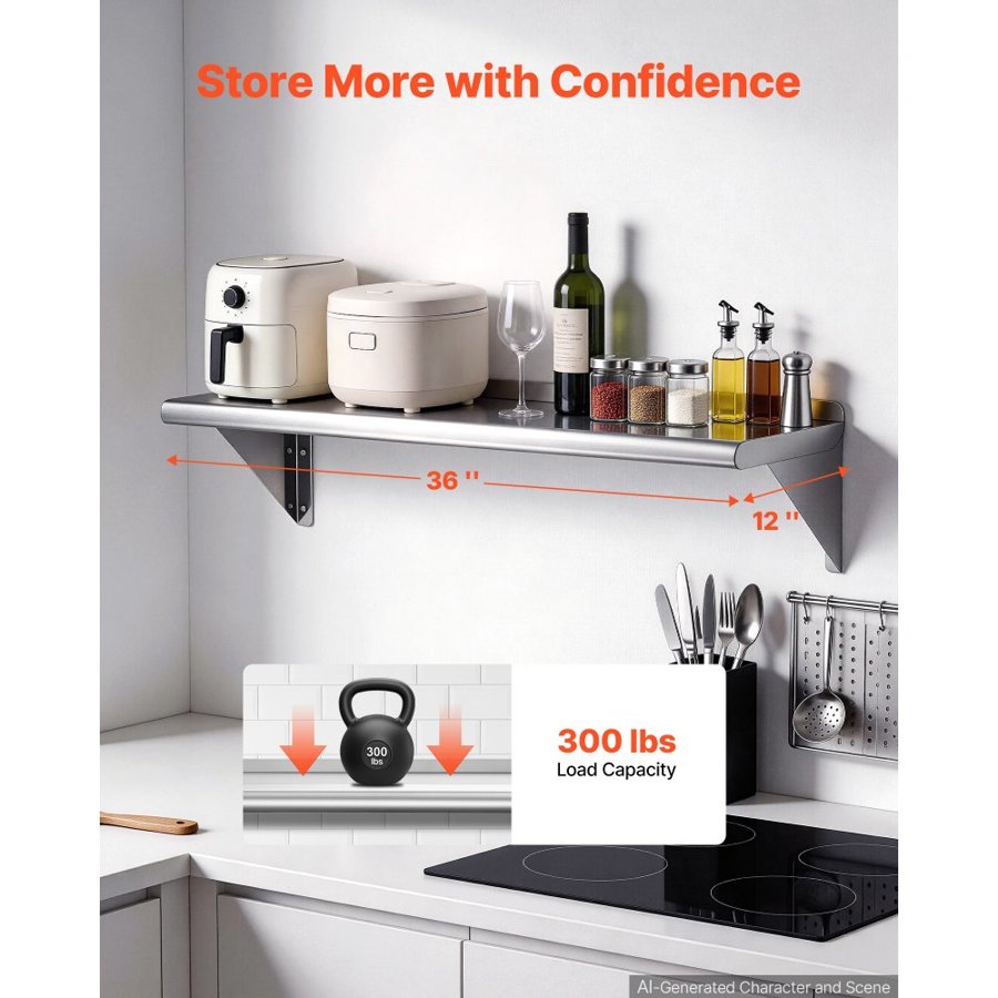 VEVOR Stainless Steel Shelf 305 x 914 mm 2-Pack Wall Mount Floating Shelf, Heavy-Duty Commercial Shelves with Brackets, 136kg Capacity, Easy to Clean for Restaurant, Home Kitchen, Garage