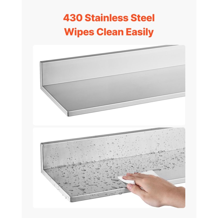 VEVOR Stainless Steel Shelf 218 x 914 mm 2-Pack Wall Mount Floating Shelf, Heavy Duty L-Shaped Commercial Shelves, 30kg Strong Capacity, Easy to Clean for Restaurant, Home Kitchen, Garage