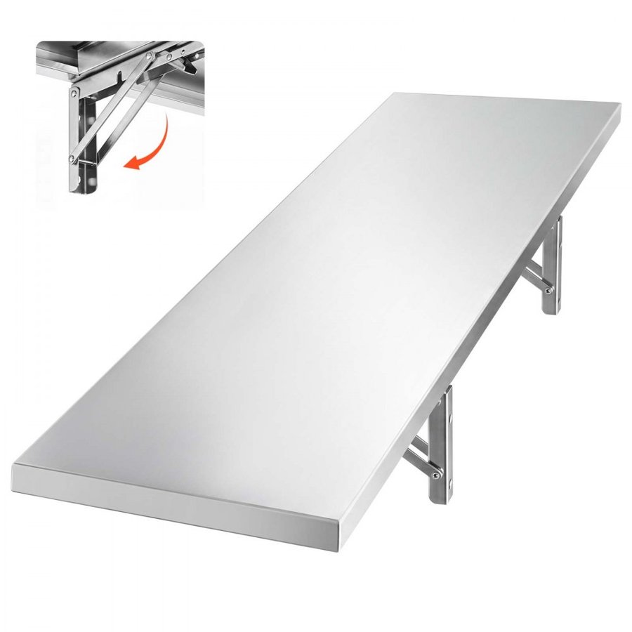 VEVOR Stainless Steel Shelf 305 x 1219 mm Foldable Wall Mount Floating Shelf, Heavy-Duty Commercial Shelves with Brackets, 136 kg Capacity, Easy to Clean for Restaurant, Home Kitchen, Garage