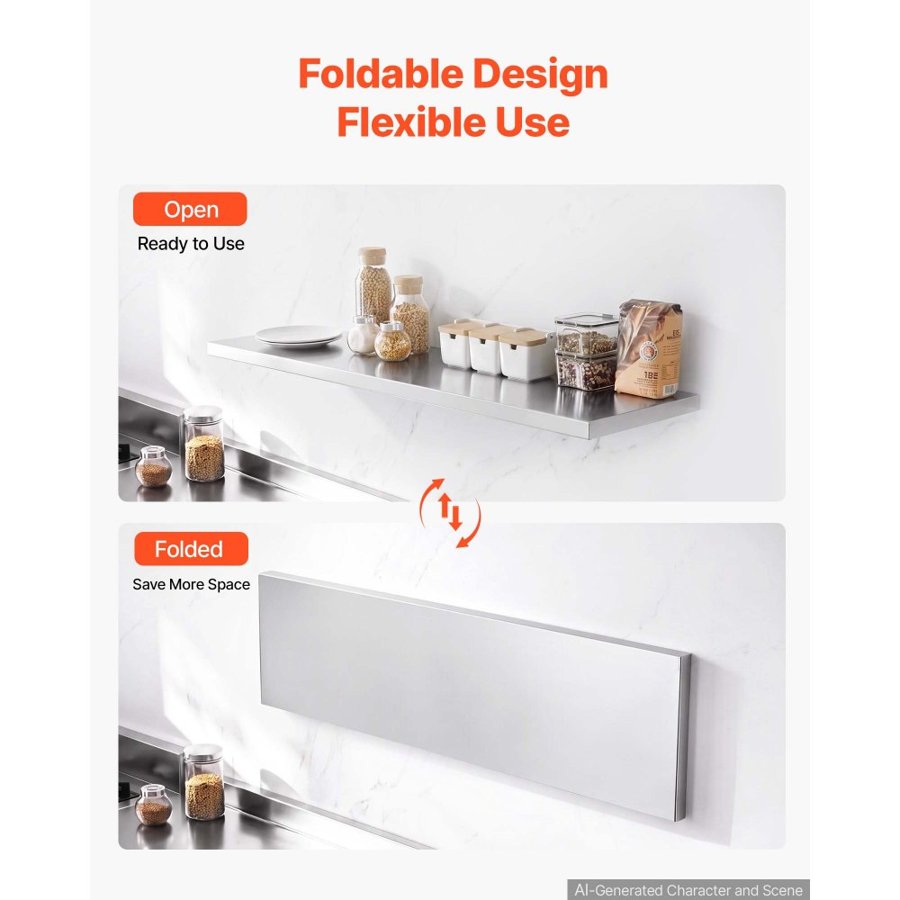 VEVOR Stainless Steel Shelf 305 x 1219 mm Foldable Wall Mount Floating Shelf, Heavy-Duty Commercial Shelves with Brackets, 136 kg Capacity, Easy to Clean for Restaurant, Home Kitchen, Garage