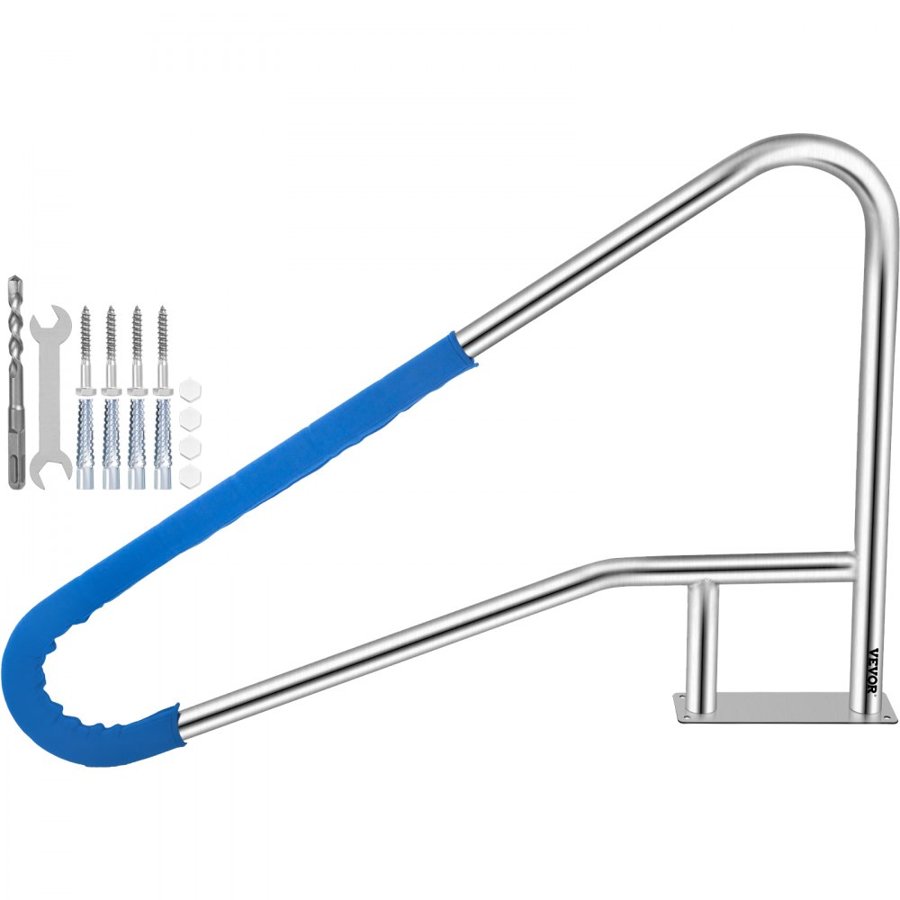 VEVOR Pool Rail 139.7x81.3 cm Pool Railing 304 Stainless Steel 113.4 kg Load Capacity Silver Rustproof Pool Handrail Humanized Swimming Pool Handrail with Blue Grip Cover & M8 Drill Bit & Self-taping Screws