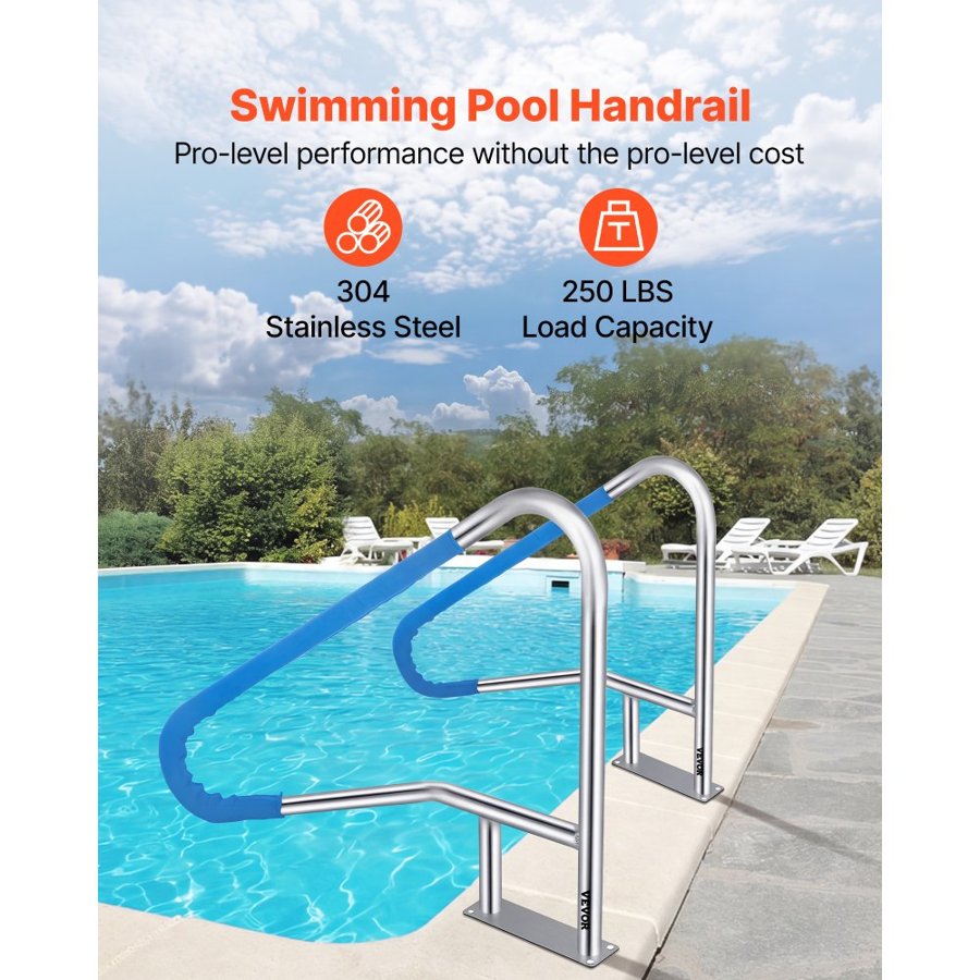 VEVOR Pool Rail 139.7x81.3 cm Pool Railing 304 Stainless Steel 113.4 kg Load Capacity Silver Rustproof Pool Handrail Humanized Swimming Pool Handrail with Blue Grip Cover & M8 Drill Bit & Self-taping Screws