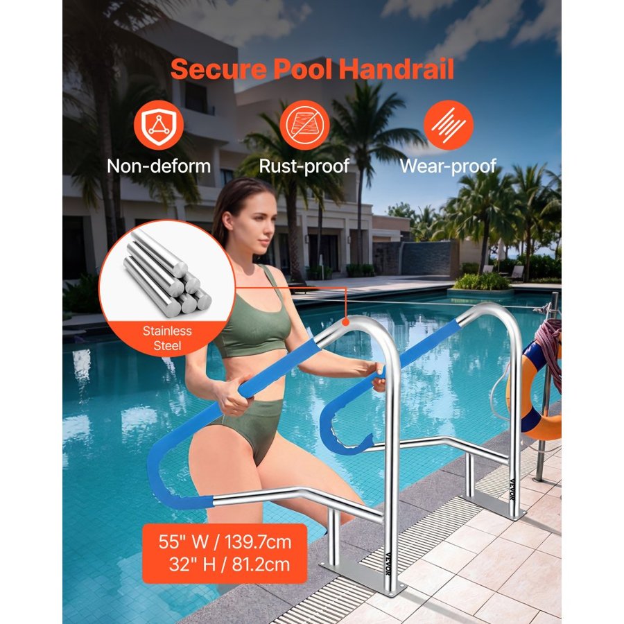 VEVOR Pool Rail 139.7x81.3 cm Pool Railing 304 Stainless Steel 113.4 kg Load Capacity Silver Rustproof Pool Handrail Humanized Swimming Pool Handrail with Blue Grip Cover & M8 Drill Bit & Self-taping Screws