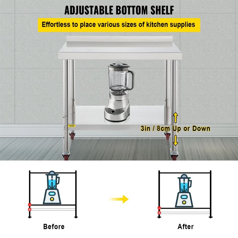 VEVOR Stainless Steel Prep Table, 30 x 24 x 35 Inch, 440lbs Load Capacity Heavy Duty Metal Worktable with Backsplash Adjustable Undershelf & 4 Casters, Commercial Workstation for Kitchen Restaurant