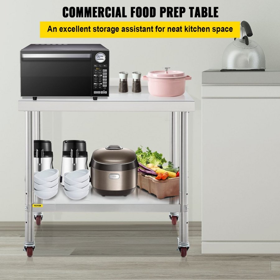 VEVOR Stainless Steel Prep Table, 36 x 24 x 35 Inch, 440lbs Load Capacity Heavy Duty Metal Worktable with Backsplash Adjustable Undershelf & 4 Casters, Commercial Workstation for Kitchen Restaurant