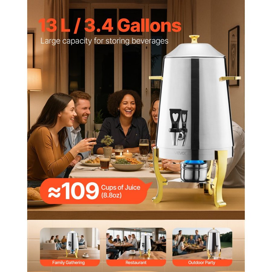 VEVOR Stainless Steel Beverage Dispenser, 13L Drink Dispenser  with Alcohol Burner, Hot & Cold Drink Dispensers with Spigot for Coffee Tea Hot Water, Ideal for Restaurants, Hotels, Parties