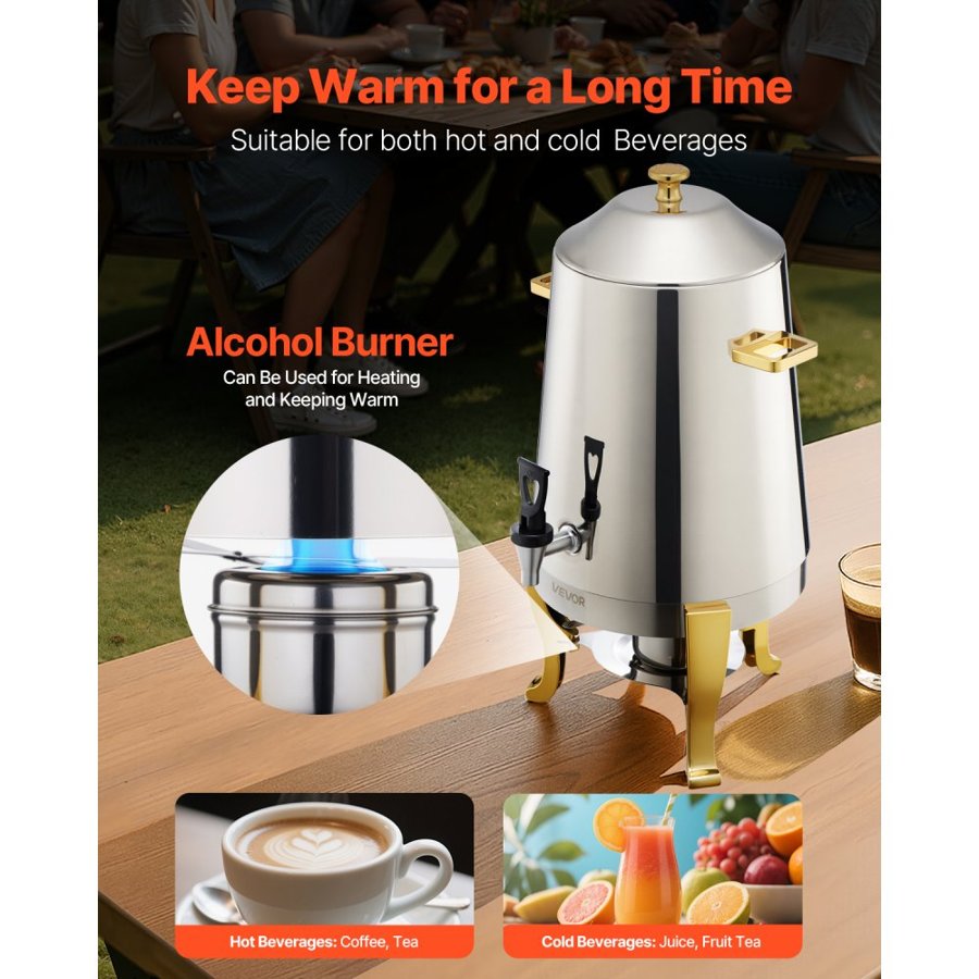 VEVOR Stainless Steel Beverage Dispenser, 13L Drink Dispenser  with Alcohol Burner, Hot & Cold Drink Dispensers with Spigot for Coffee Tea Hot Water, Ideal for Restaurants, Hotels, Parties