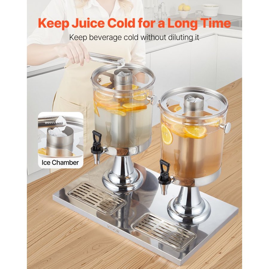 VEVOR Beverage Dispenser, 8L x 2 Drink Dispenser for Parties, Stainless Steel + Plastic Juice Dispensers with Spigot Ice Chamber Tray, Iced Tea Lemonade Dispensers, for Restaurants, Hotels