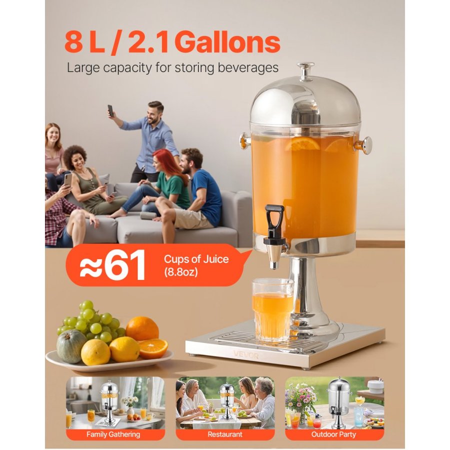 VEVOR Beverage Dispenser, 8L Drink Dispenser for Parties, Stainless Steel + Plastic Juice Dispensers with Spigot Ice Chamber Tray, Iced Tea Lemonade Juice Dispensers, for Restaurants, Hotels