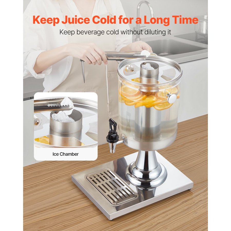 VEVOR Beverage Dispenser, 8L Drink Dispenser for Parties, Stainless Steel + Plastic Juice Dispensers with Spigot Ice Chamber Tray, Iced Tea Lemonade Juice Dispensers, for Restaurants, Hotels