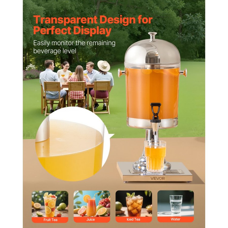 VEVOR Beverage Dispenser, 8L Drink Dispenser for Parties, Stainless Steel + Plastic Juice Dispensers with Spigot Ice Chamber Tray, Iced Tea Lemonade Juice Dispensers, for Restaurants, Hotels