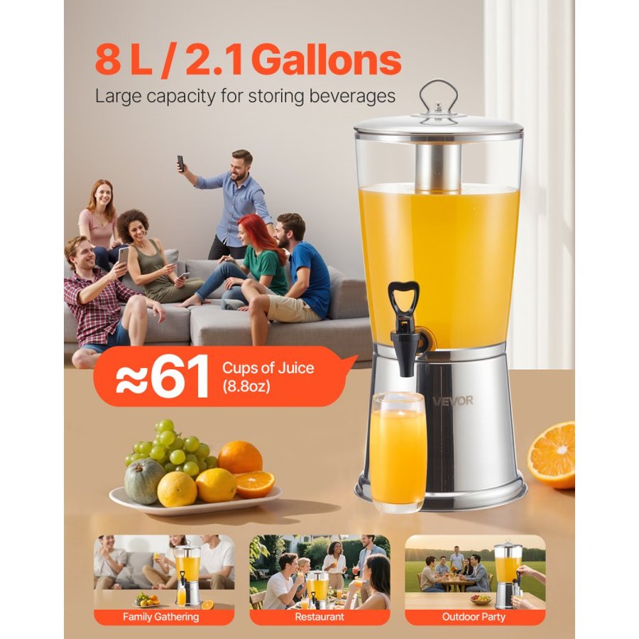 VEVOR Beverage Dispenser, 8L Drink Dispenser for Parties, Stainless Steel + Plastic Juice Dispensers with Spigot Ice Chamber, Iced Tea Lemonade Juice Water Dispensers, for Restaurants, Hotels