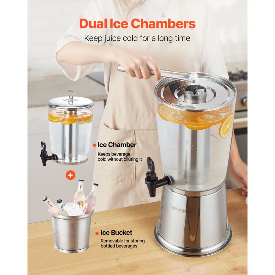 VEVOR Beverage Dispenser, 8L Drink Dispenser for Parties, Stainless Steel + Plastic Juice Dispensers with Spigot Ice Chamber, Iced Tea Lemonade Juice Water Dispensers, for Restaurants, Hotels