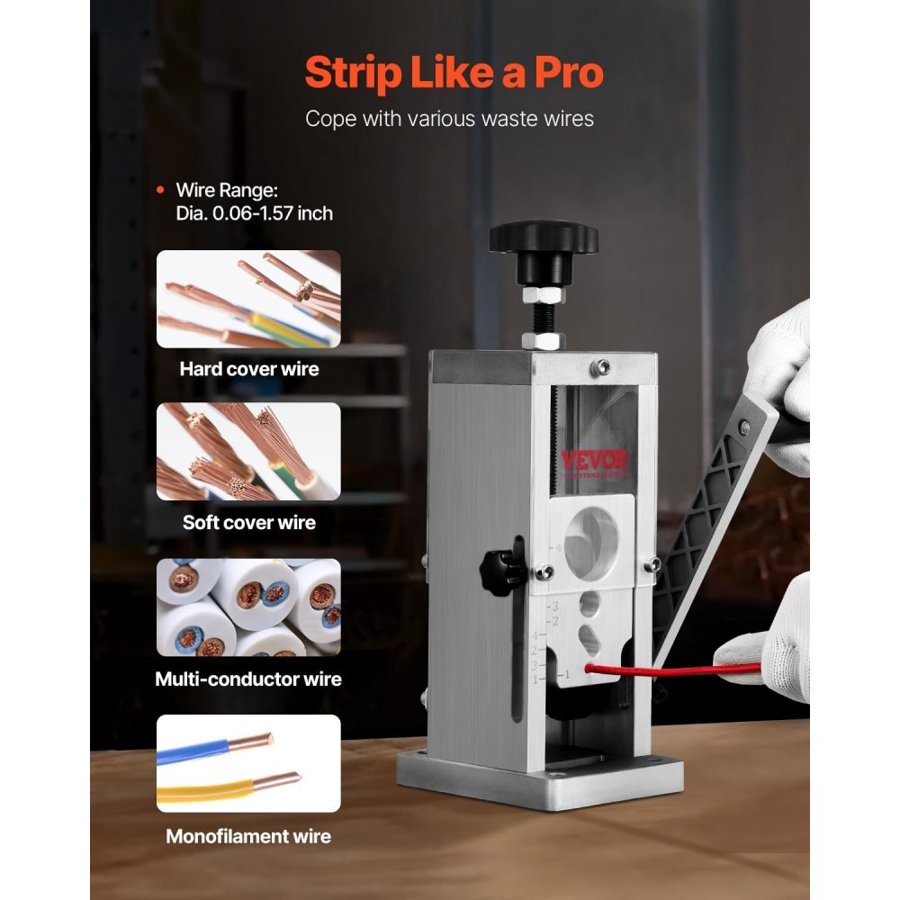 VEVOR Manual Wire Stripping Machine, 1.5mm-40mm Copper Stripper with Hand Crank or Drill Powered, Visible Stripping Depth Reference, Portable Aluminum Frame Wire Peeler for Scrap Copper Recycling