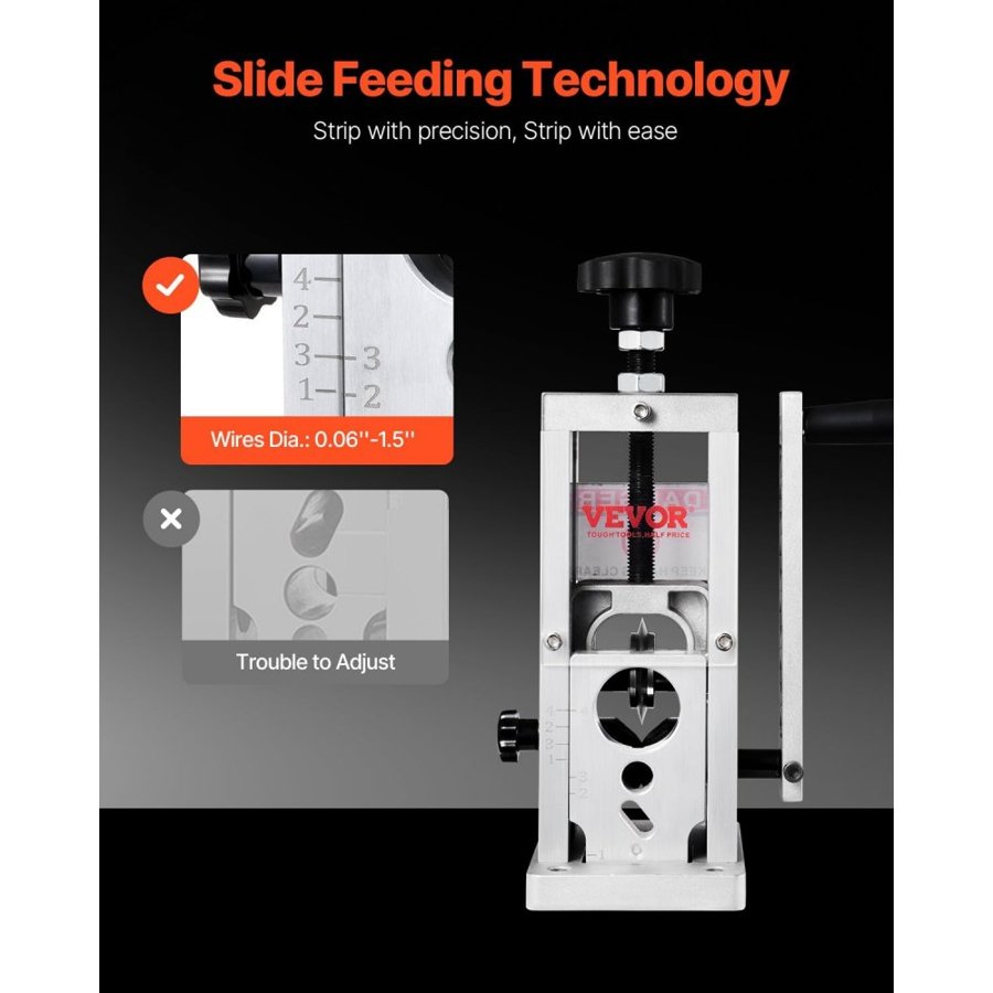 VEVOR Manual Wire Stripping Machine, 1.5mm-40mm Copper Stripper with Hand Crank or Drill Powered, Visible Stripping Depth Reference, Portable Aluminum Frame Wire Peeler for Scrap Copper Recycling