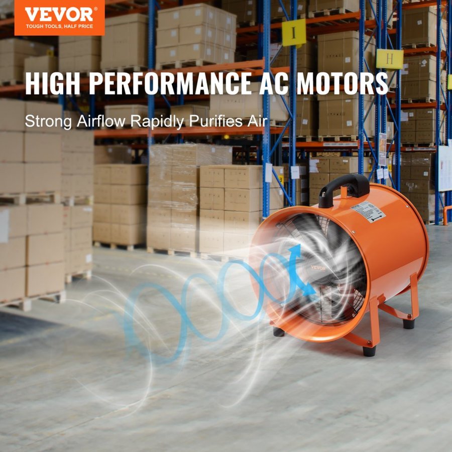 VEVOR Portable Ventilator, 254mm Heavy Duty Cylinder Fan with 10m Duct Hose, 255W Strong Shop Exhaust Blower 1720CFM, Industrial Utility Blower for Sucking Dust, Smoke, Smoke Home/Workplace