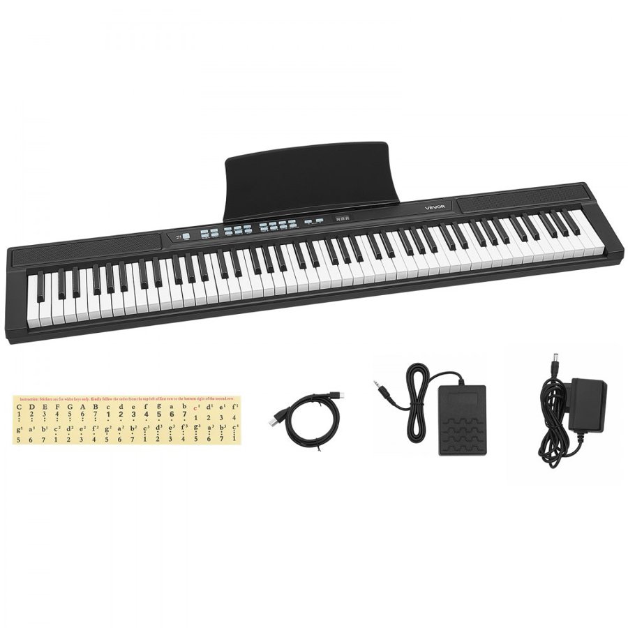 VEVOR Digital Piano 88 Keys Semi Weighted Electric Keyboard Portable Black, for Beginners, 128 Tones, 128 Rhythms, Full-Size Electronic Piano, Speaker, Pedal, Headphone Jack, USB/MIDI, Music Stand