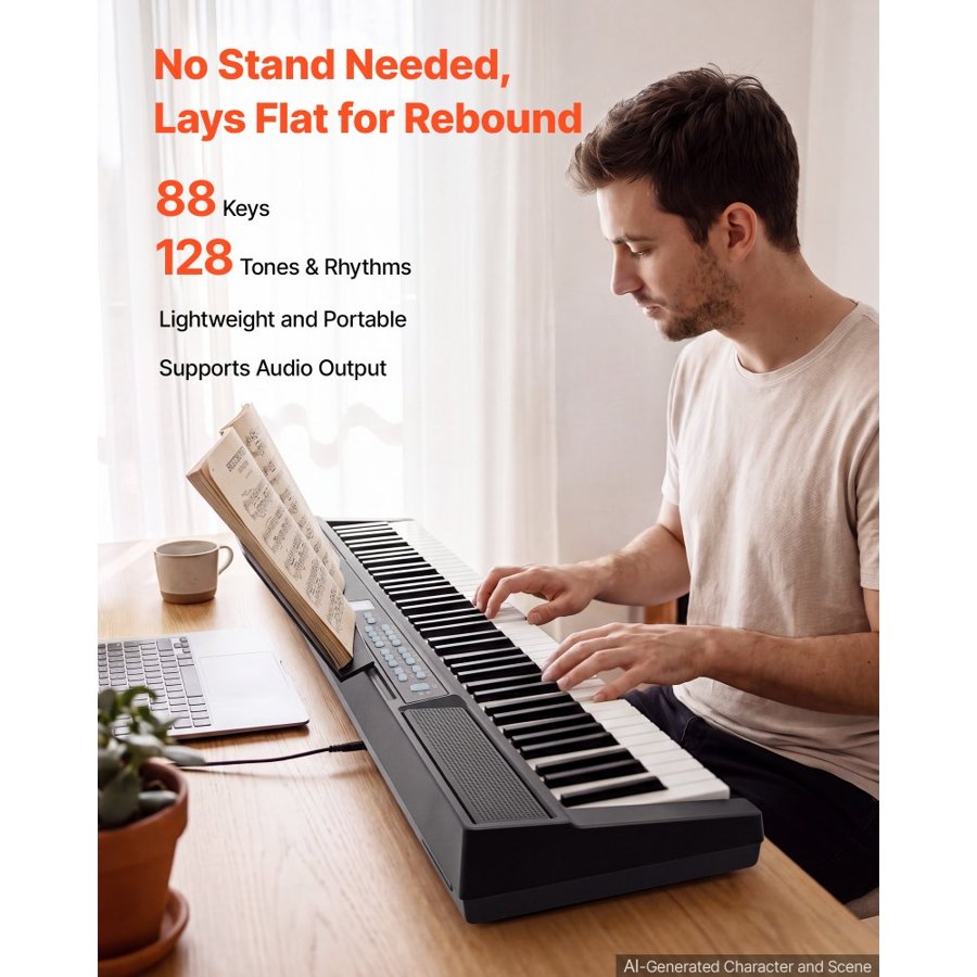VEVOR Digital Piano 88 Keys Semi Weighted Electric Keyboard Portable Black, for Beginners, 128 Tones, 128 Rhythms, Full-Size Electronic Piano, Speaker, Pedal, Headphone Jack, USB/MIDI, Music Stand