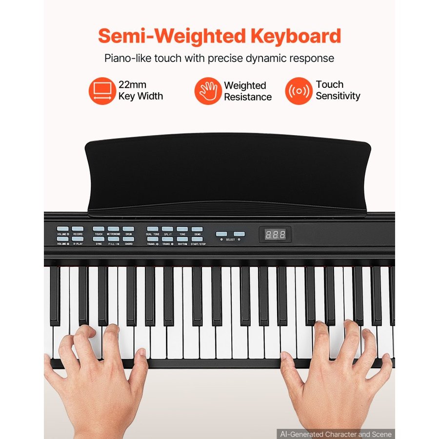 VEVOR Digital Piano 88 Keys Semi Weighted Electric Keyboard Portable Black, for Beginners, 128 Tones, 128 Rhythms, Full-Size Electronic Piano, Speaker, Pedal, Headphone Jack, USB/MIDI, Music Stand