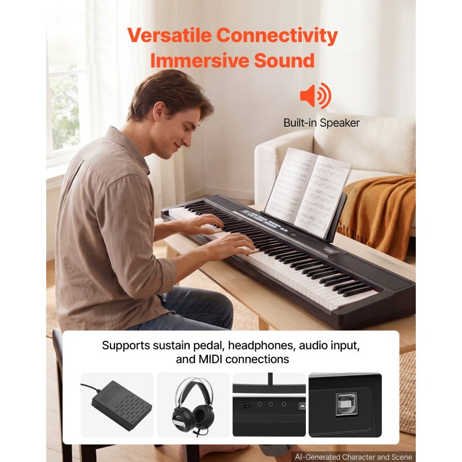 VEVOR Digital Piano 88 Keys Semi Weighted Electric Keyboard Portable Black, for Beginners, 128 Tones, 128 Rhythms, Full-Size Electronic Piano, Speaker, Pedal, Headphone Jack, USB/MIDI, Music Stand