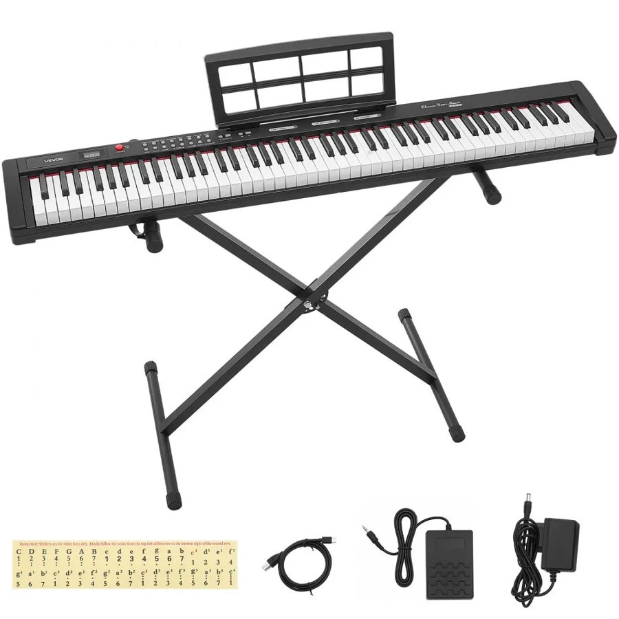 VEVOR Digital Piano 88 Keys Semi Weighted Keyboard Portable Stand Black, for Beginner, 128 Tones, 128 Rhythms, Dual Power Supply Electronic Piano, with Pedal, Headphone Jack, USB/MIDI, Music Stand