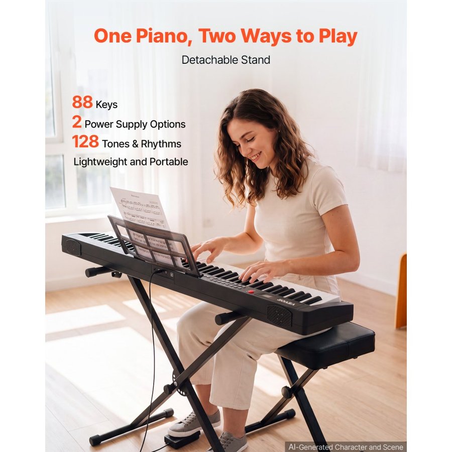 VEVOR Digital Piano 88 Keys Semi Weighted Keyboard Portable Stand Black, for Beginner, 128 Tones, 128 Rhythms, Dual Power Supply Electronic Piano, with Pedal, Headphone Jack, USB/MIDI, Music Stand