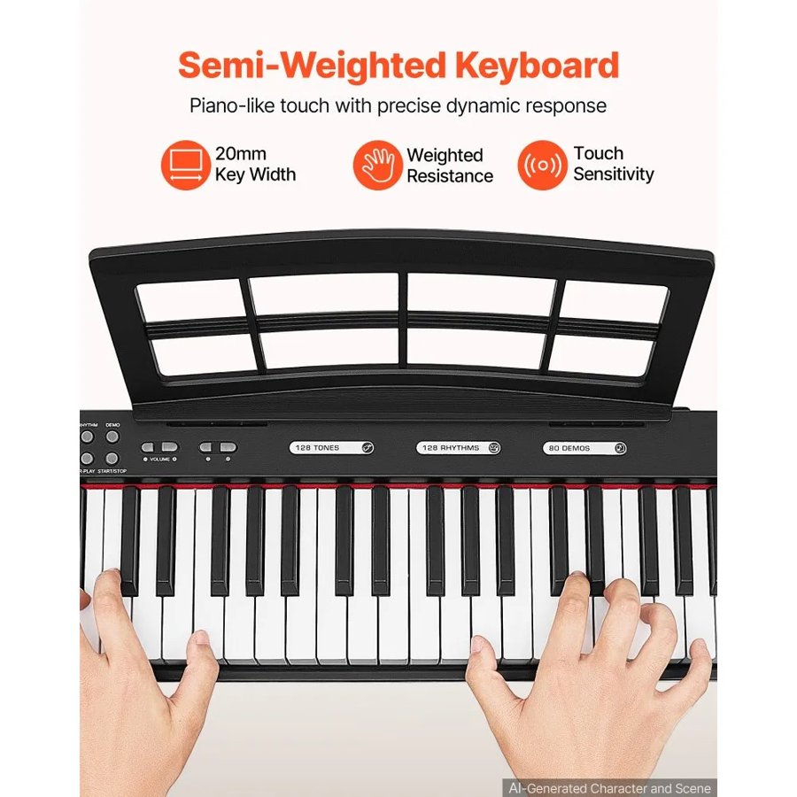 VEVOR Digital Piano 88 Keys Semi Weighted Keyboard Portable Stand Black, for Beginner, 128 Tones, 128 Rhythms, Dual Power Supply Electronic Piano, with Pedal, Headphone Jack, USB/MIDI, Music Stand