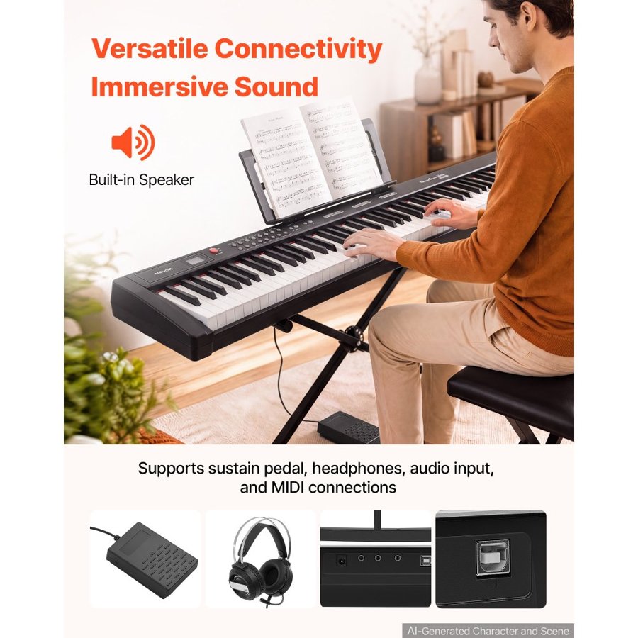 VEVOR Digital Piano 88 Keys Semi Weighted Keyboard Portable Stand Black, for Beginner, 128 Tones, 128 Rhythms, Dual Power Supply Electronic Piano, with Pedal, Headphone Jack, USB/MIDI, Music Stand
